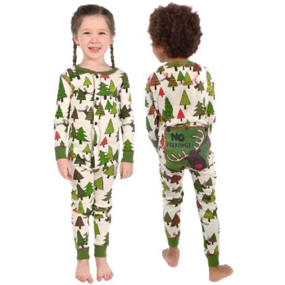 LAZY ONE Flap Jack Reindeer No Peeking Forest Tree Print Onesie Ivory/Green 2T - Picture 1 of 12